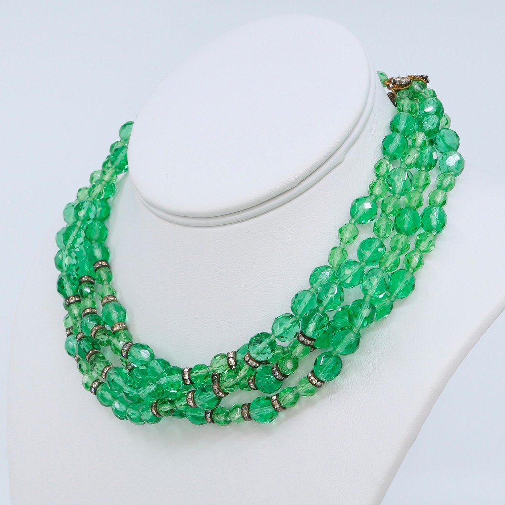 Vintage Miriam Haskell Green Glass Beaded Multi Strand Rhinestone Necklace 1950s
